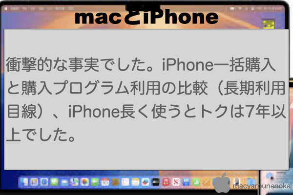 衝撃的な事実でした。iPhone一括購入と購入プログラム利用の比較（長期利用目線）、iPhone長く使うとトクは7年以上でした。のイメージ