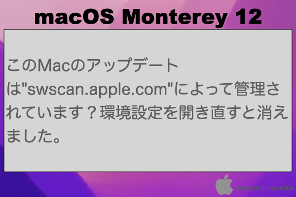 このMacのアップデートは"swscan.apple.com"によって管理されています？環境設定を開き直すと消えました。のイメージ